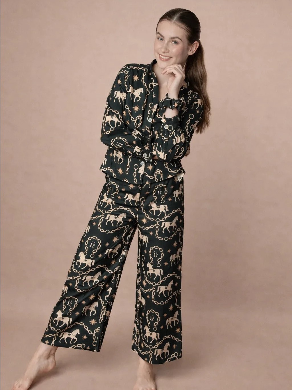 Ronner Horse Print Pajama Set Large Equestrian Button Front Lounge Sleepwear